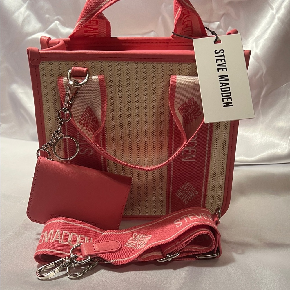 NWT Steve Madden Pink and Cream Tote Bag, w/ crossbody strap - Picture 2 of 7